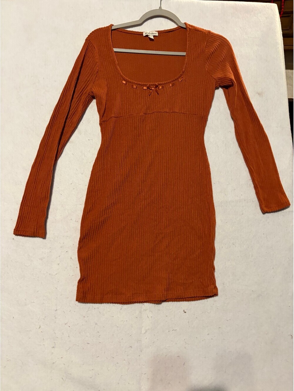 Derek Heart Ribbed Long Sleeve Bodycon Dress in Rust Orange, Size Medium